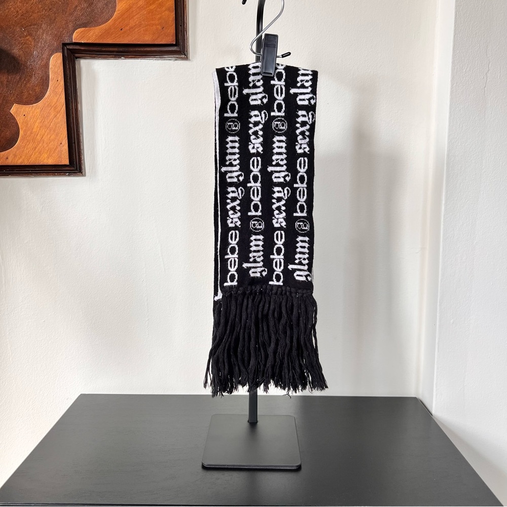 bebe Black and White Logo Scarf with Fringe